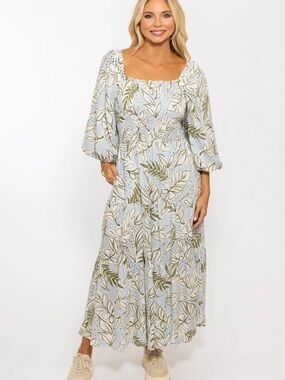 Karlie bow tie back Smocked Square Neck Floral Maxi Dress - Light Blue/Olive